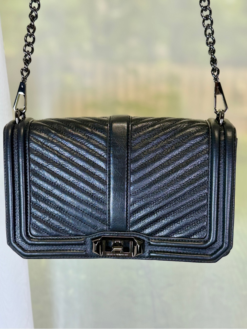 Rebecca Minkoff Love Black Chevron Leather Crossbody Gun Metal HW Like New